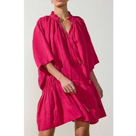 Brochu Walker The St. Tropez Dress Azalea Pink Oversized Flounce Dress Linen - Picture 1 of 7